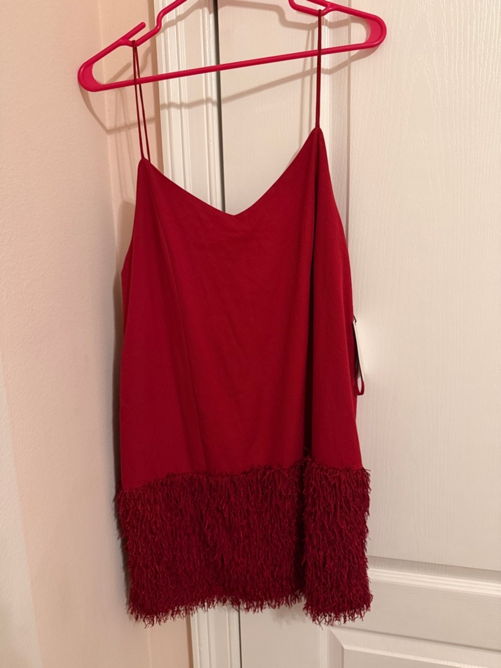 Wine Spaghetti Strap Mini Dress with Fringe Hem